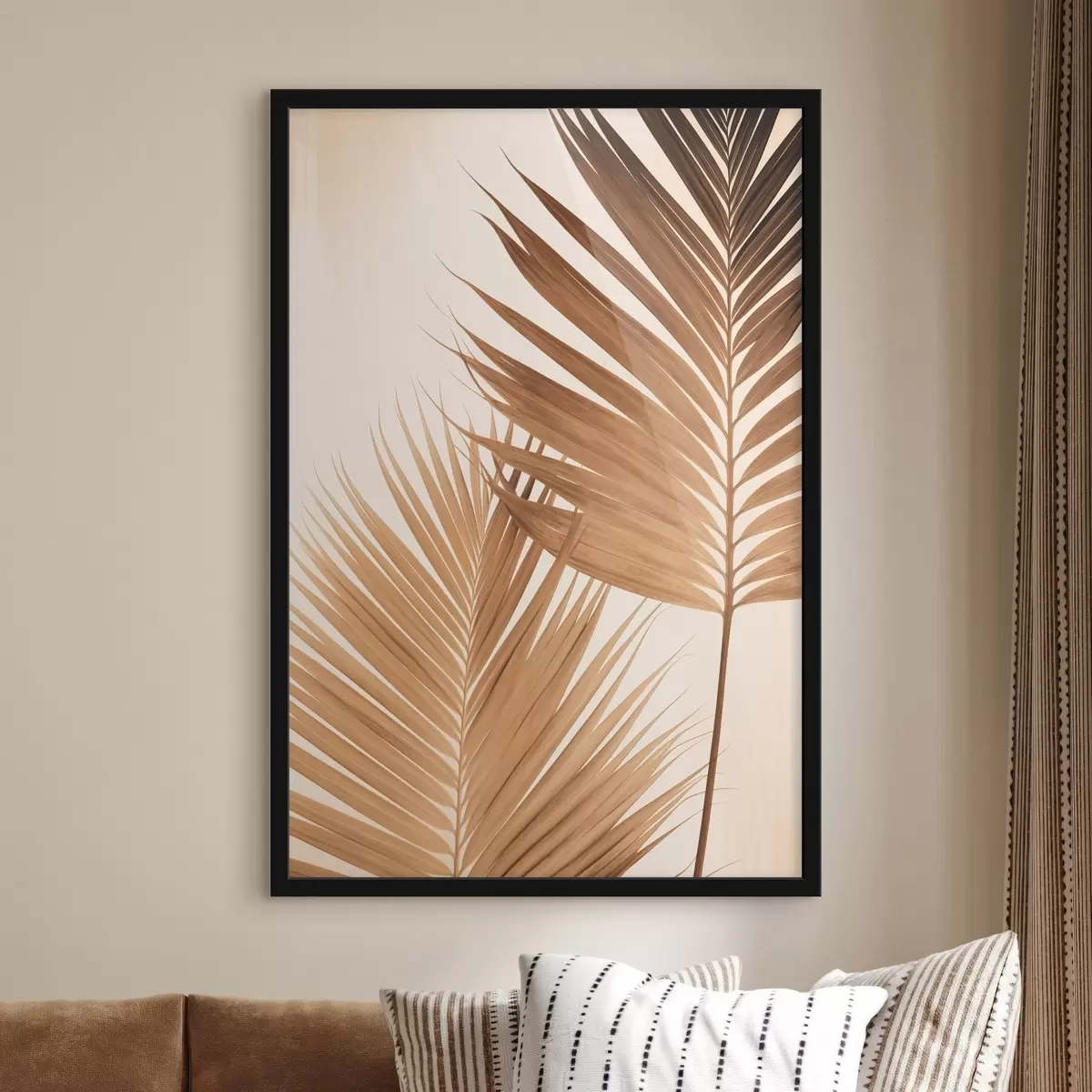 Poster Palmenblätter in Brauntönen, neutraler Hintergrund, minimalistischer Stil, natürliche Beleuchtung, tropisches Flair f46274