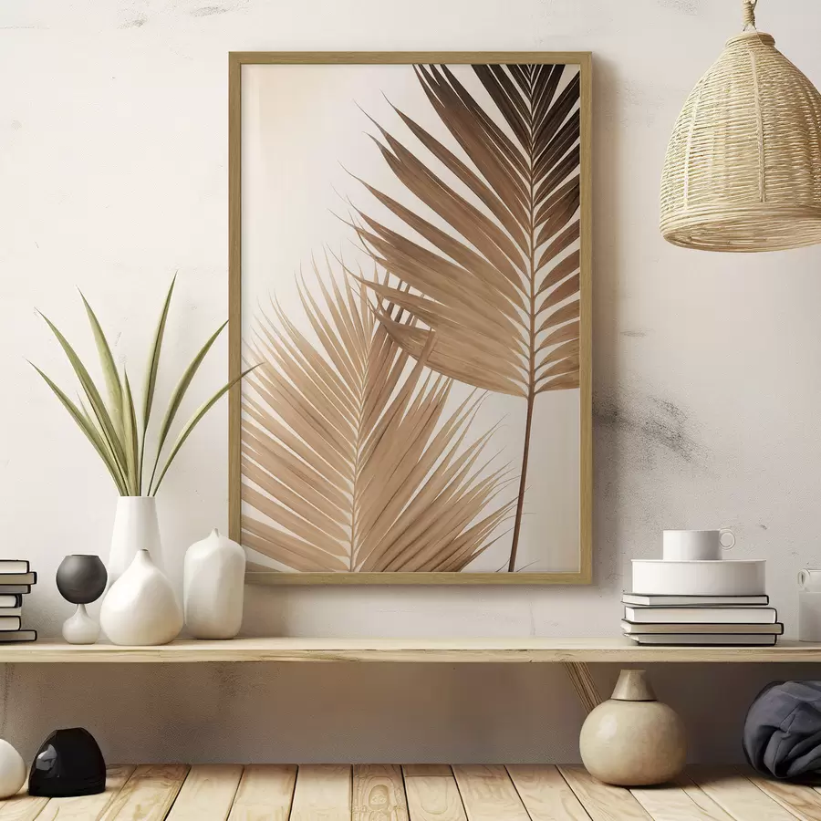 Fototapete Palmenblätter in Brauntönen, neutraler Hintergrund, minimalistischer Stil, natürliche Beleuchtung, tropisches Flair f46274