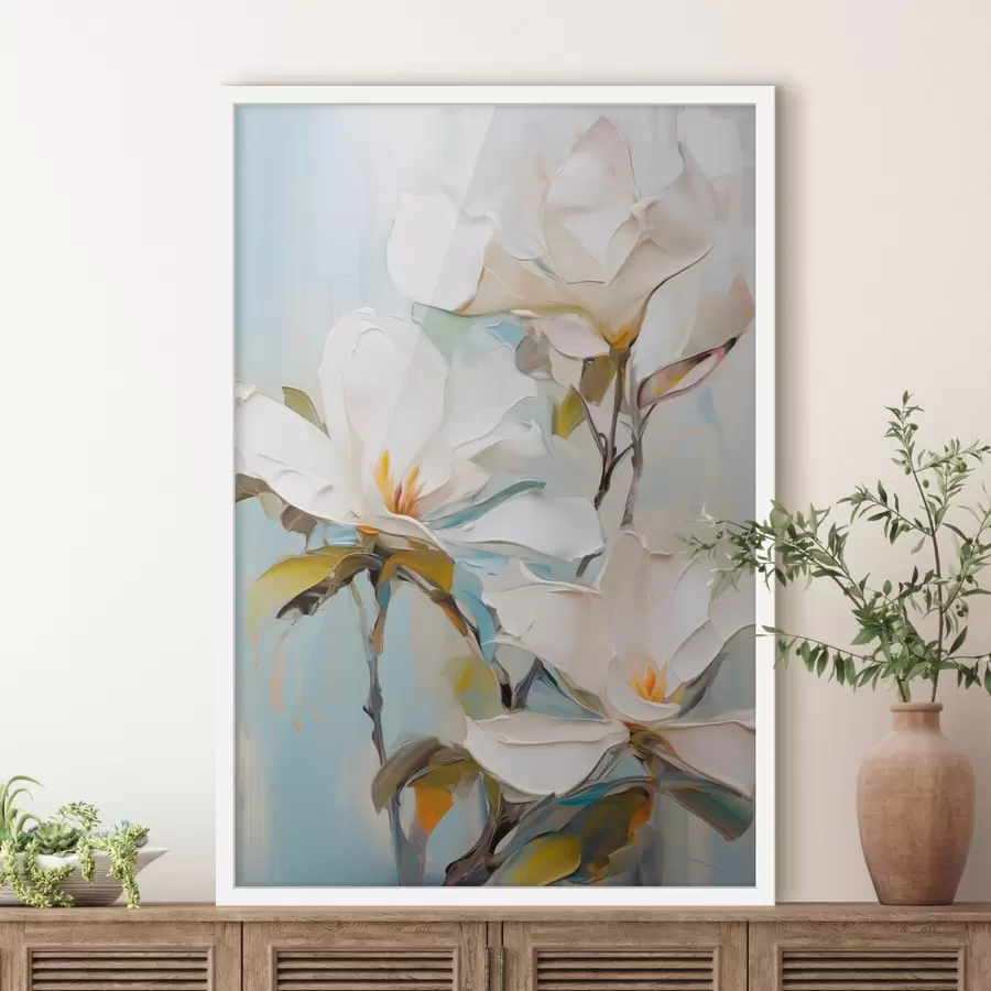 Fototapete Weiße Magnolienblüten, hellblauer Hintergrund mit sanften Pinselstrichen, Ölgemälde-Stil, pastose Textur f46276