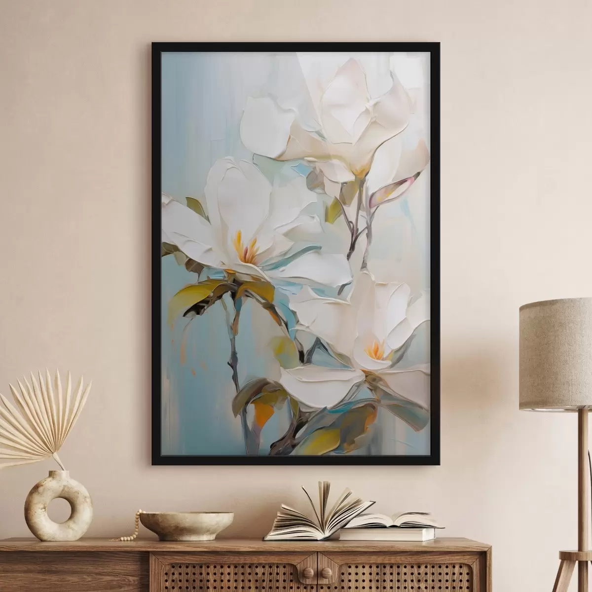 Poster Weiße Magnolienblüten, hellblauer Hintergrund mit sanften Pinselstrichen, Ölgemälde-Stil, pastose Textur f46276