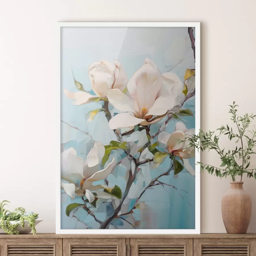 Fototapete Weiße Magnolienblüten, hellblauer Hintergrund mit sanften Pinselstrichen, Ölgemälde-Stil, pastose Textur f46277