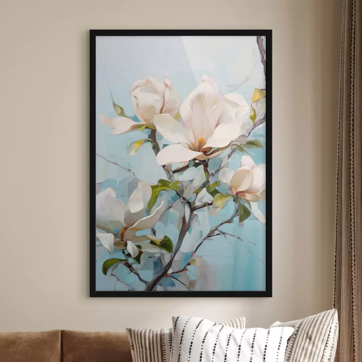 Poster Weiße Magnolienblüten, hellblauer Hintergrund mit sanften Pinselstrichen, Ölgemälde-Stil, pastose Textur f46277