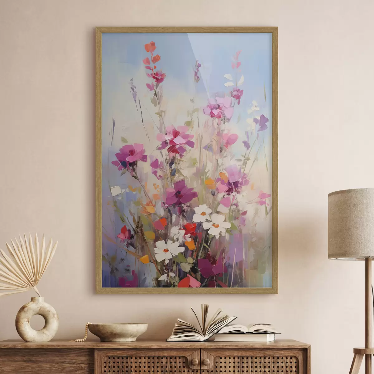 Poster Leuchtend rosa, weiße und grüne Blumen vor einem sanften, pastellfarbenen Hintergrund f46278