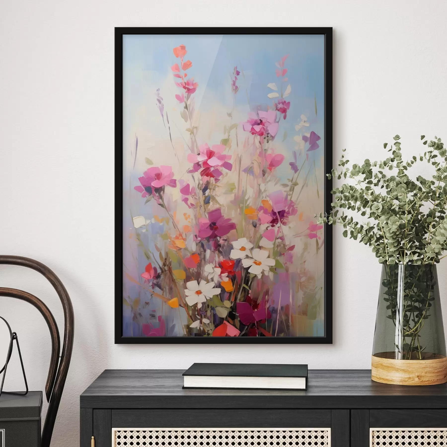 Fototapete Leuchtend rosa, weiße und grüne Blumen vor einem sanften, pastellfarbenen Hintergrund f46278