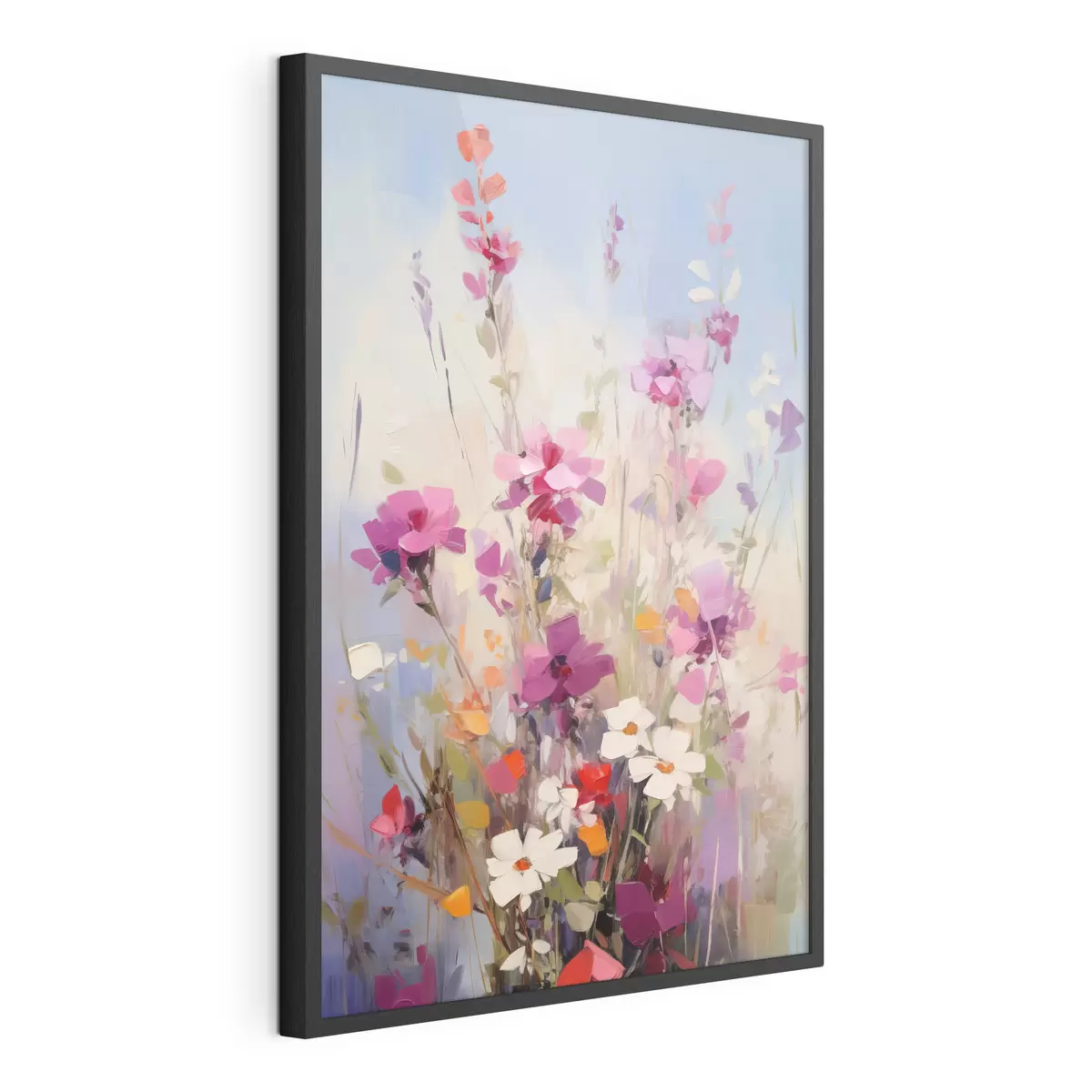 Poster Leuchtend rosa, weiße und grüne Blumen vor einem sanften, pastellfarbenen Hintergrund f46278