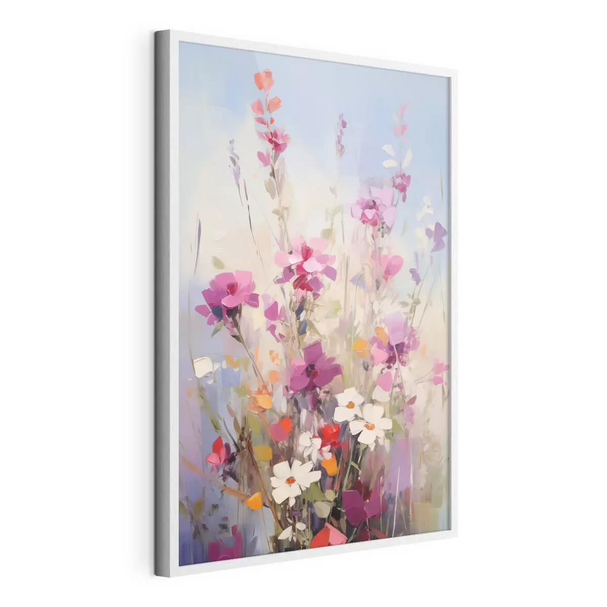 Poster Leuchtend rosa, weiße und grüne Blumen vor einem sanften, pastellfarbenen Hintergrund f46278