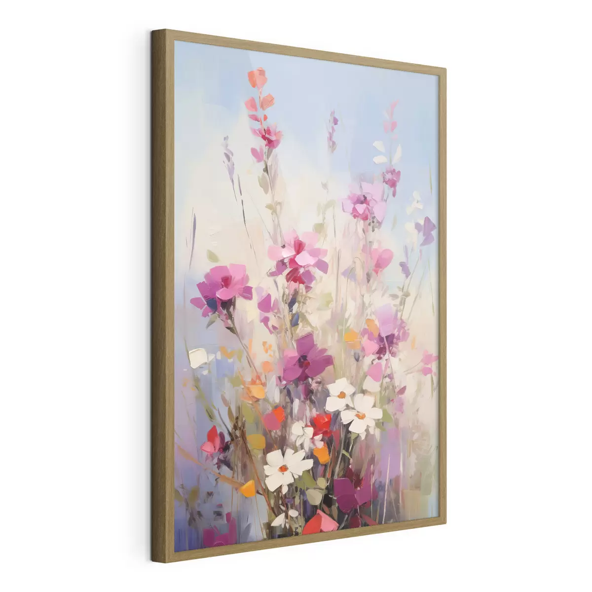 Poster Leuchtend rosa, weiße und grüne Blumen vor einem sanften, pastellfarbenen Hintergrund f46278