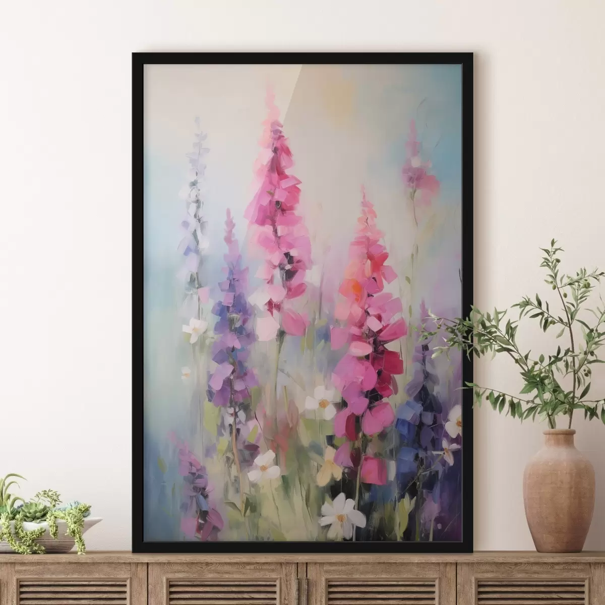 Poster Rosa und violette Blumen mit weißen Gänseblümchen auf einer Wiese, sanfte Pinselstriche, Pastellfarben, impressionistischer Stil f46279