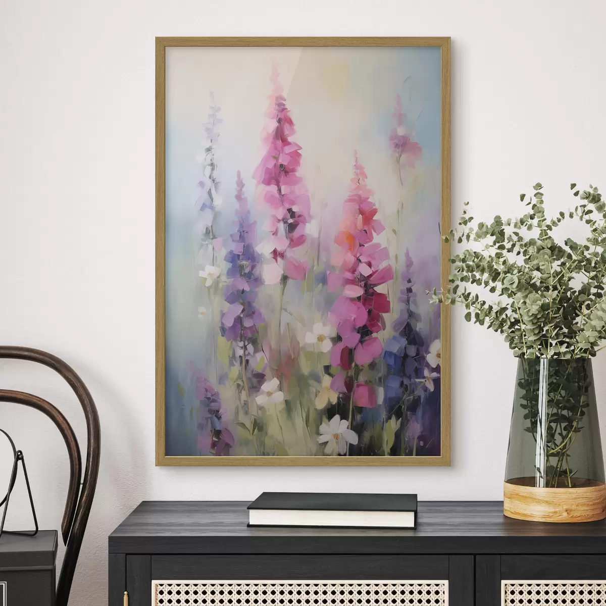 Poster Rosa und violette Blumen mit weißen Gänseblümchen auf einer Wiese, sanfte Pinselstriche, Pastellfarben, impressionistischer Stil f46279