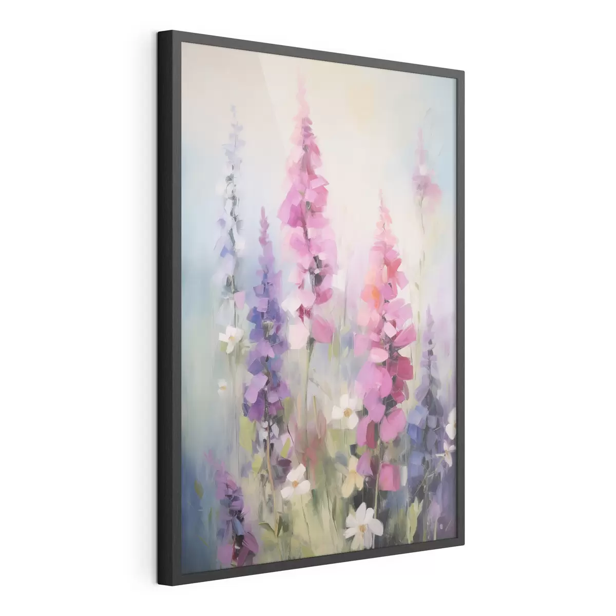 Poster Rosa und violette Blumen mit weißen Gänseblümchen auf einer Wiese, sanfte Pinselstriche, Pastellfarben, impressionistischer Stil f46279