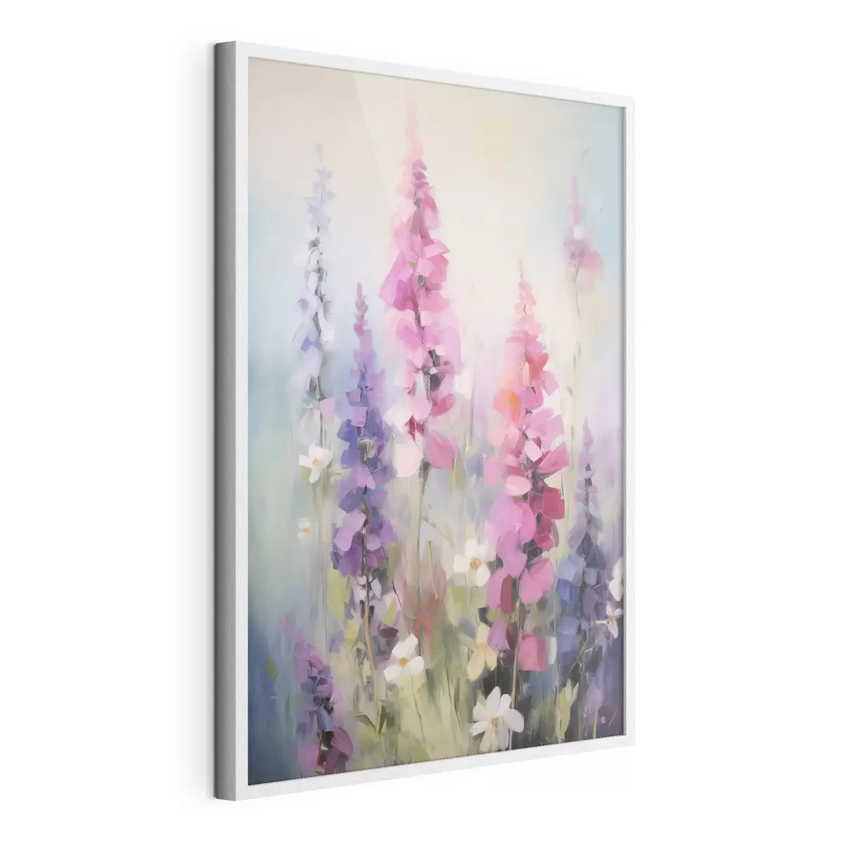Poster Rosa und violette Blumen mit weißen Gänseblümchen auf einer Wiese, sanfte Pinselstriche, Pastellfarben, impressionistischer Stil f46279