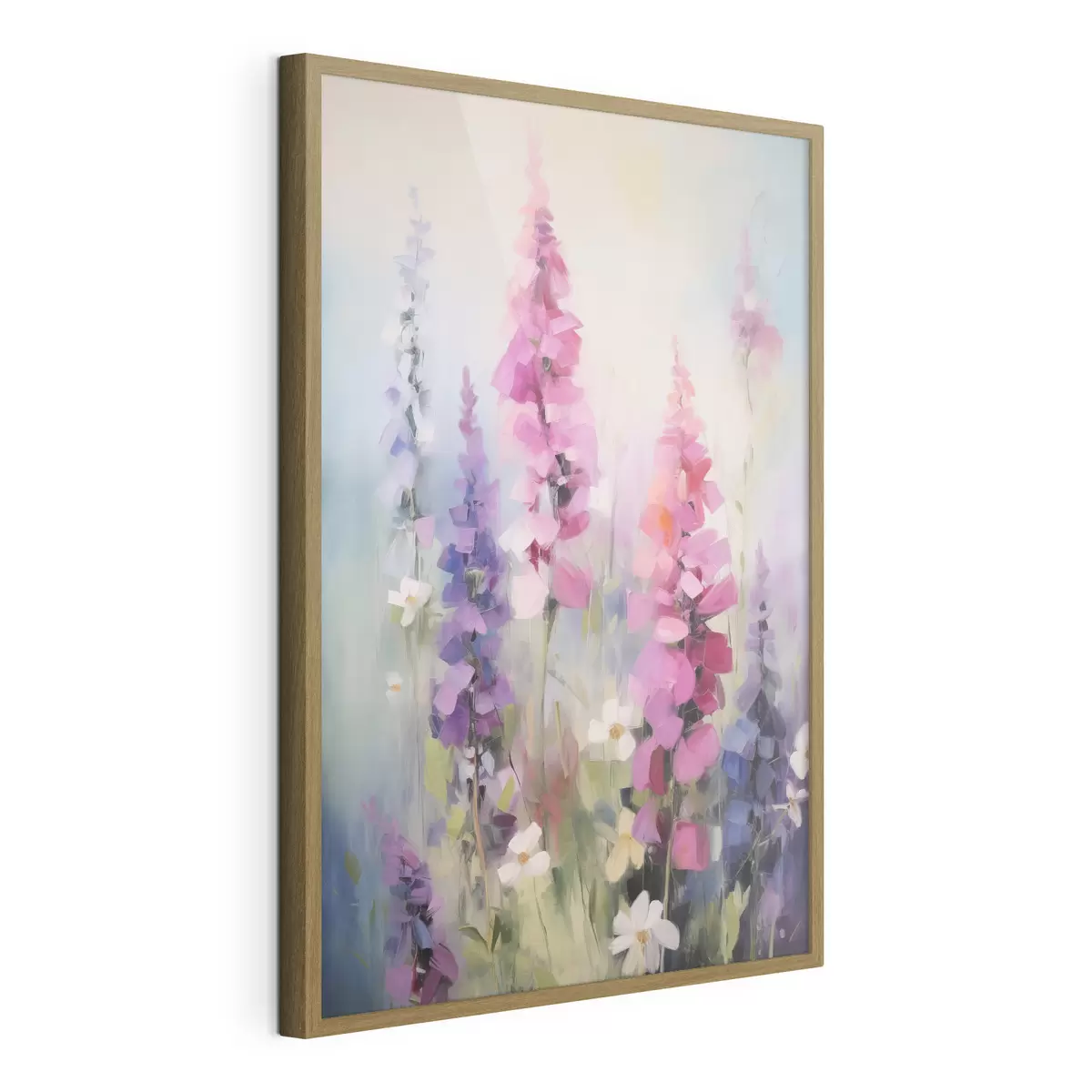 Poster Rosa und violette Blumen mit weißen Gänseblümchen auf einer Wiese, sanfte Pinselstriche, Pastellfarben, impressionistischer Stil f46279