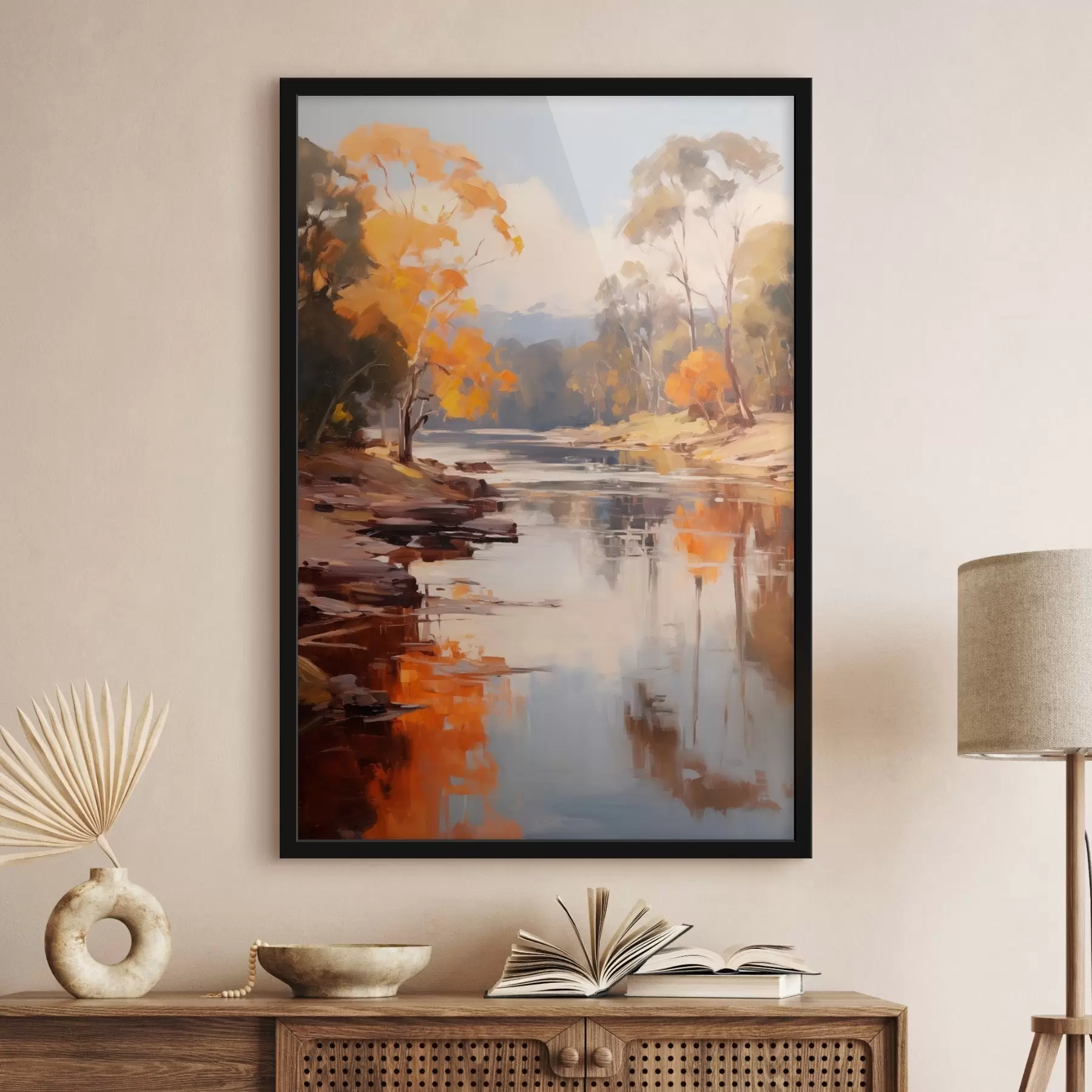 Fototapete Herbstlandschaft, Fluss mit Bäumen am Ufer, Wald im Hintergrund, Spiegelungen auf dem Wasser f46280