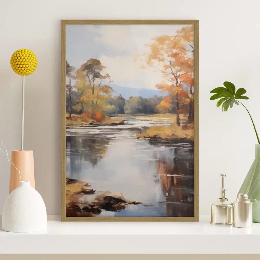 Fototapete Landschaft mit einem Fluss, der durch einen Wald im Herbst fließt, gelbe und orangefarbene Bäume, Malstil f46281
