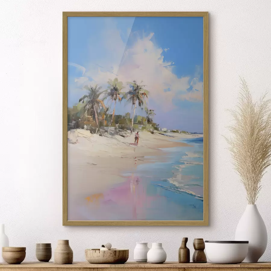 Fototapete Abstrakte Landschaft, ein Strand mit Palmen, strahlender Sonnenschein mit blauem Himmel und einigen Wolken f46284