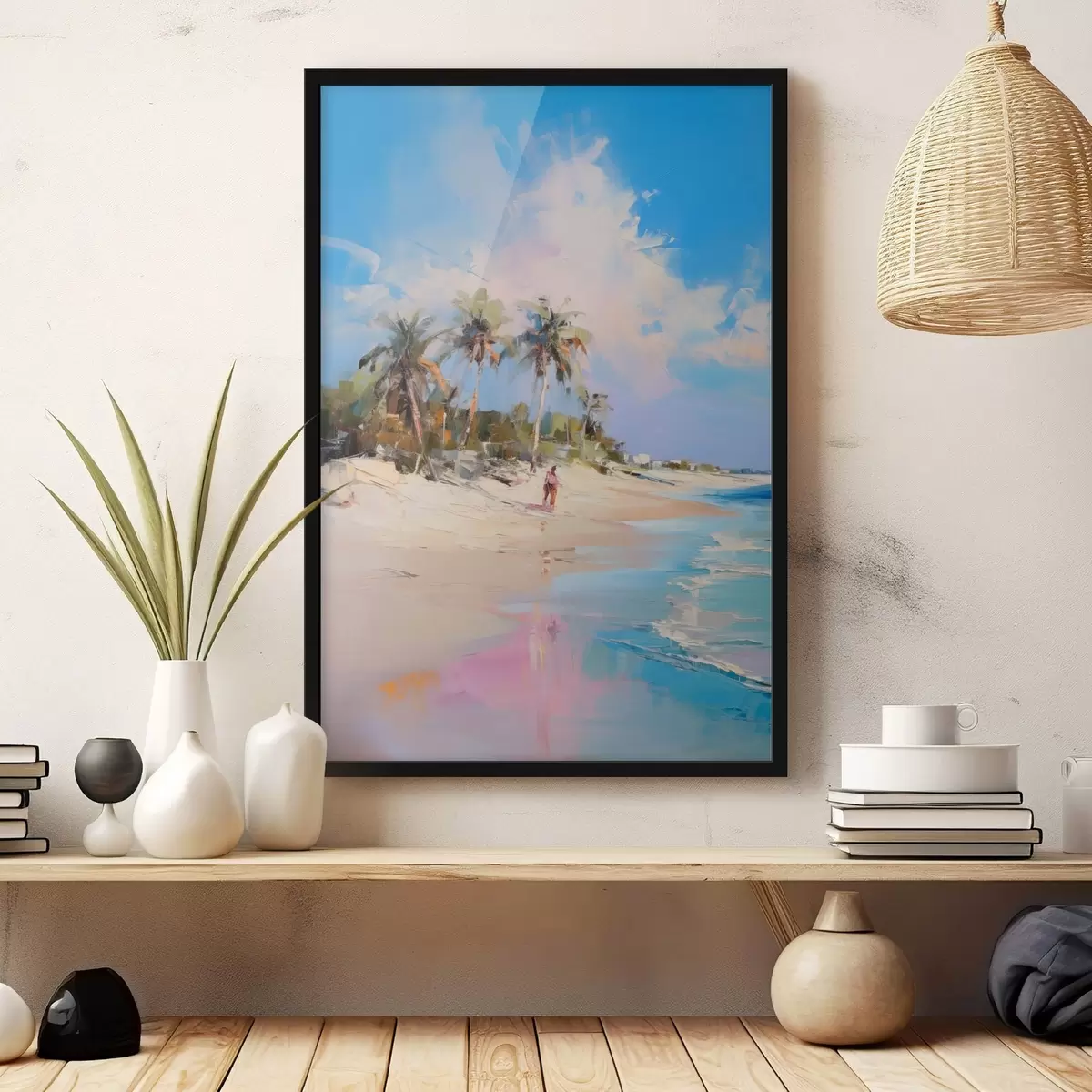 Poster Abstrakte Landschaft, ein Strand mit Palmen, strahlender Sonnenschein mit blauem Himmel und einigen Wolken f46284