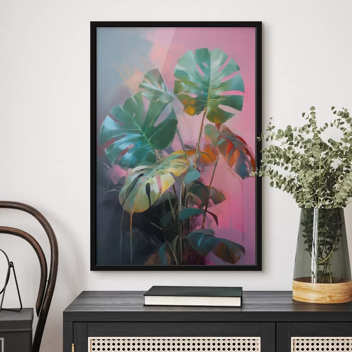 Poster Abstrakte Monstera-Pflanze mit leuchtend grünen Blättern vor einem Hintergrund aus zarten Rosa- und Violetttönen f46286