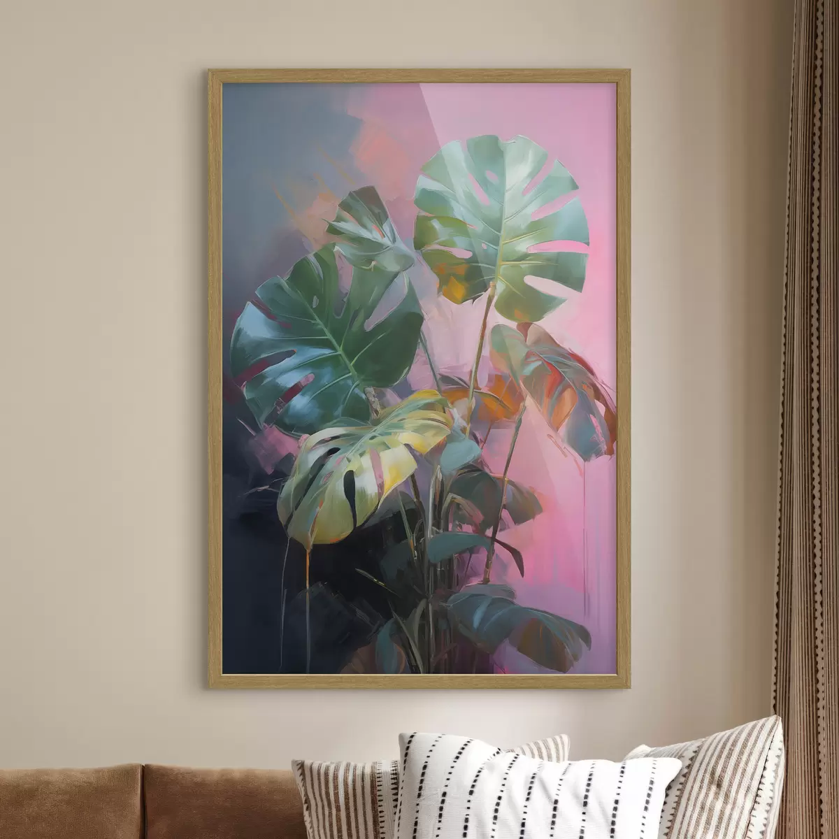 Poster Abstrakte Monstera-Pflanze mit leuchtend grünen Blättern vor einem Hintergrund aus zarten Rosa- und Violetttönen f46286