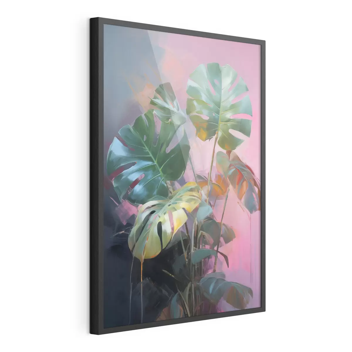 Poster Abstrakte Monstera-Pflanze mit leuchtend grünen Blättern vor einem Hintergrund aus zarten Rosa- und Violetttönen f46286