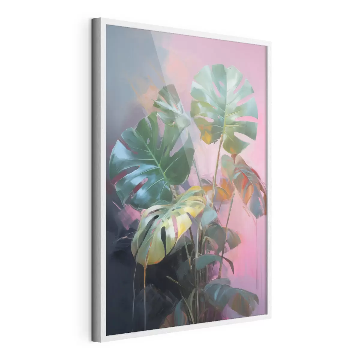 Poster Abstrakte Monstera-Pflanze mit leuchtend grünen Blättern vor einem Hintergrund aus zarten Rosa- und Violetttönen f46286
