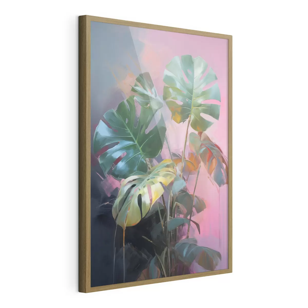 Poster Abstrakte Monstera-Pflanze mit leuchtend grünen Blättern vor einem Hintergrund aus zarten Rosa- und Violetttönen f46286
