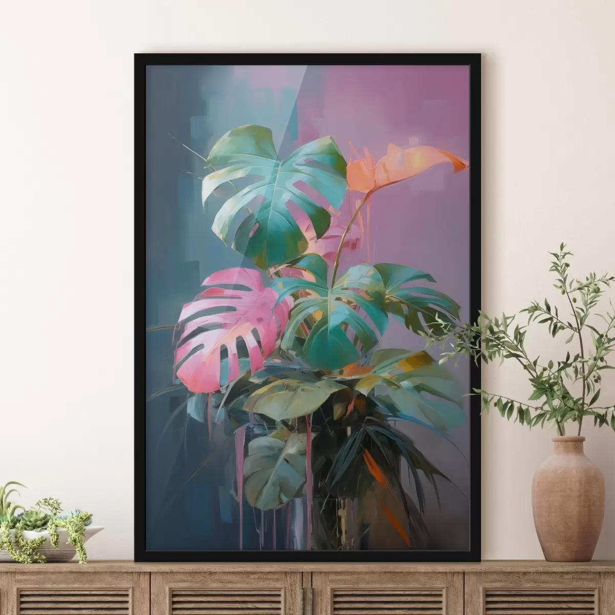 Poster Abstrakte Monstera-Pflanze mit rosa und grünen Blättern, leuchtenden Farben, vor einem unscharfen Hintergrund f46287