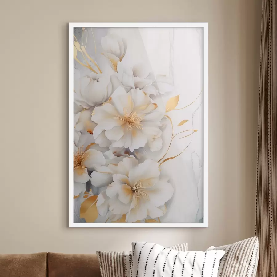 Fototapete Weiße Blüten mit gelben Details, Blütenblätter mit dezenten Schatten, heller Hintergrund mit dezentem Marmoreffekt f46292