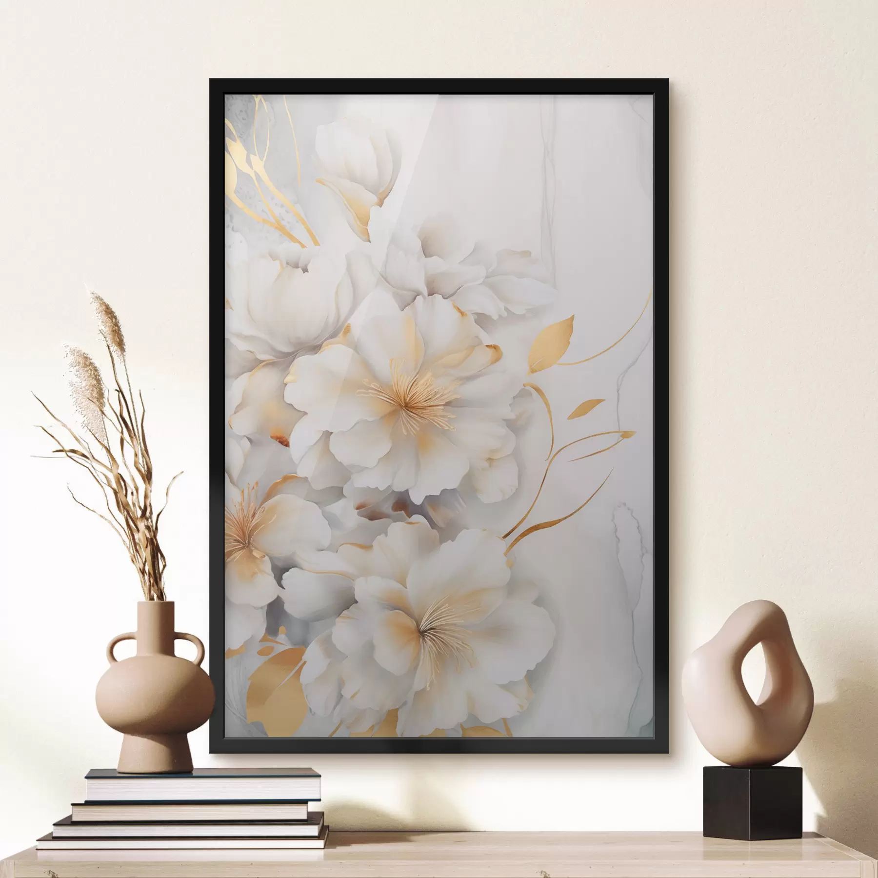 Fototapete Weiße Blüten mit gelben Details, Blütenblätter mit dezenten Schatten, heller Hintergrund mit dezentem Marmoreffekt f46292