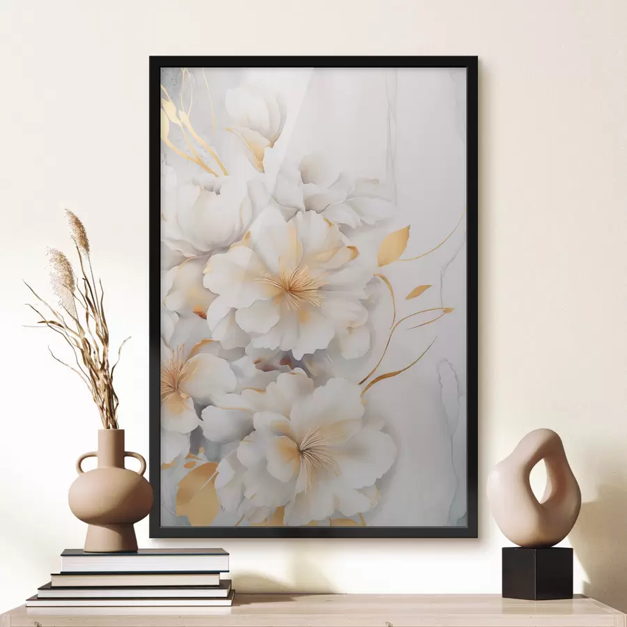 Fototapete Weiße Blüten mit gelben Details, Blütenblätter mit dezenten Schatten, heller Hintergrund mit dezentem Marmoreffekt f46292