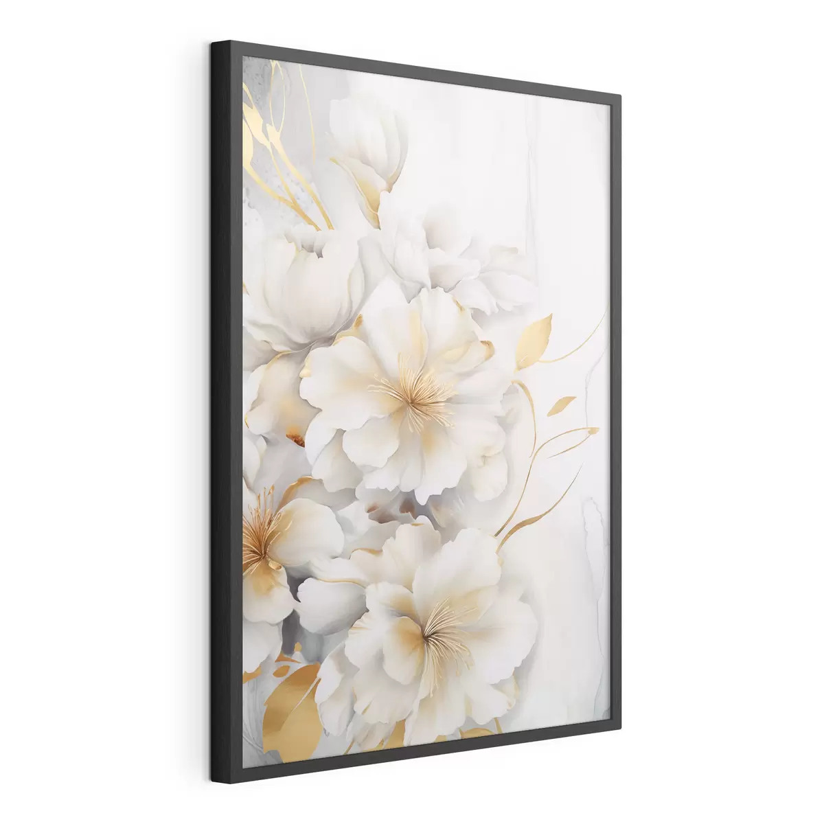 Poster Weiße Blüten mit gelben Details, Blütenblätter mit dezenten Schatten, heller Hintergrund mit dezentem Marmoreffekt f46292
