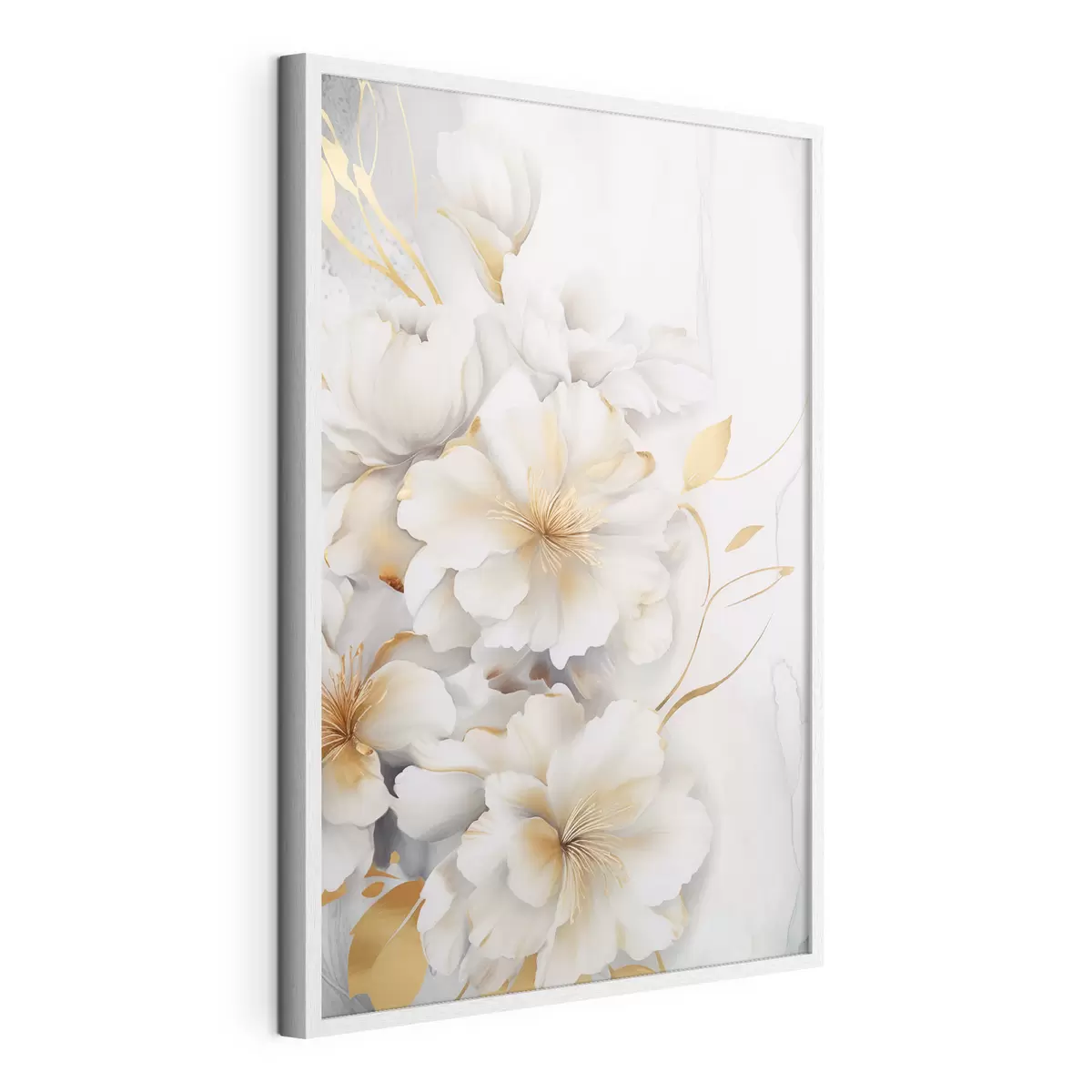 Poster Weiße Blüten mit gelben Details, Blütenblätter mit dezenten Schatten, heller Hintergrund mit dezentem Marmoreffekt f46292