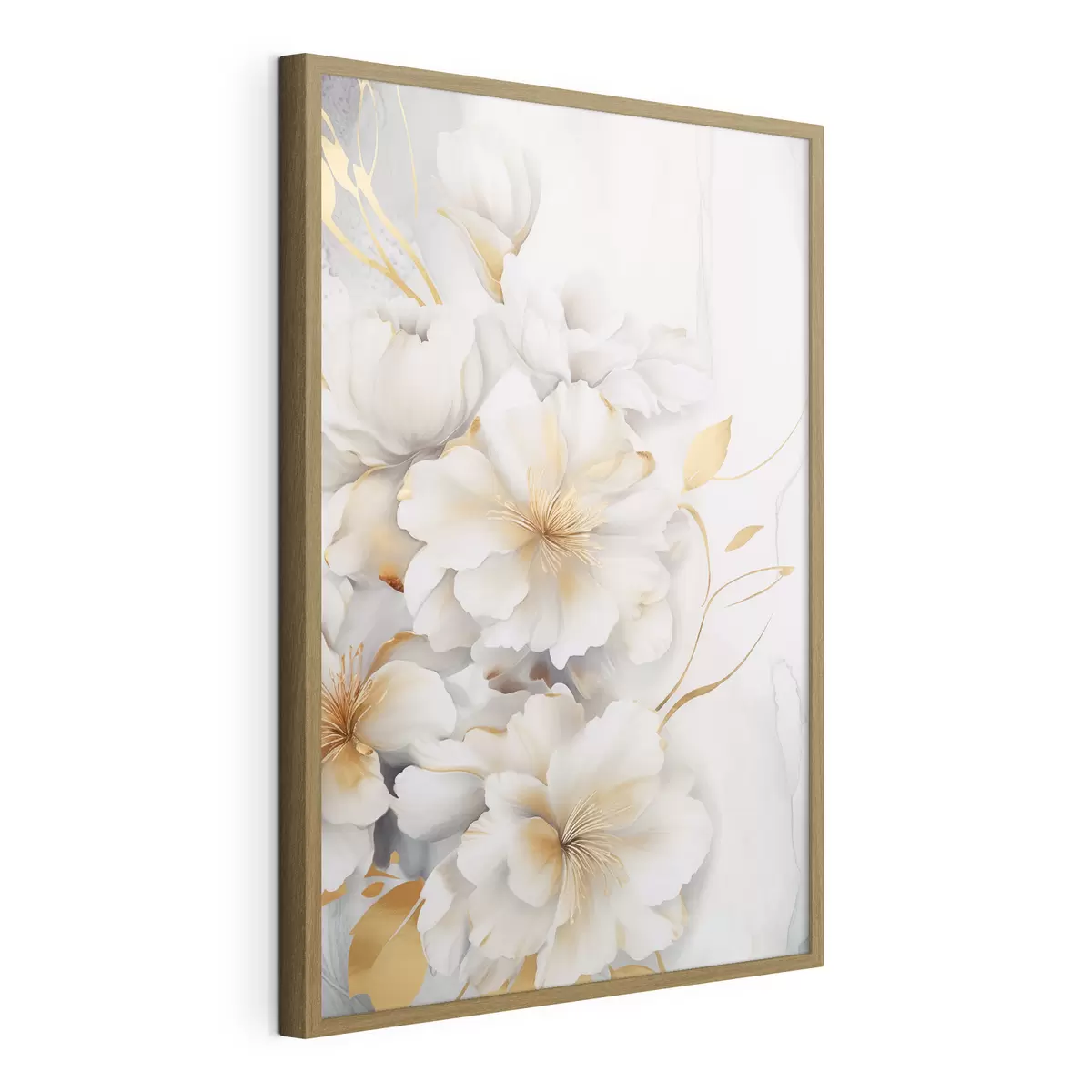 Poster Weiße Blüten mit gelben Details, Blütenblätter mit dezenten Schatten, heller Hintergrund mit dezentem Marmoreffekt f46292