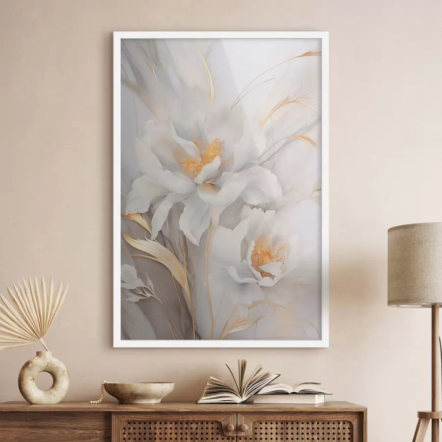 Fototapete Weiße Blüten mit gelben Stempeln und Stielen, zarte Blütenblätter, elegante Komposition, neutraler Hintergrund f46293