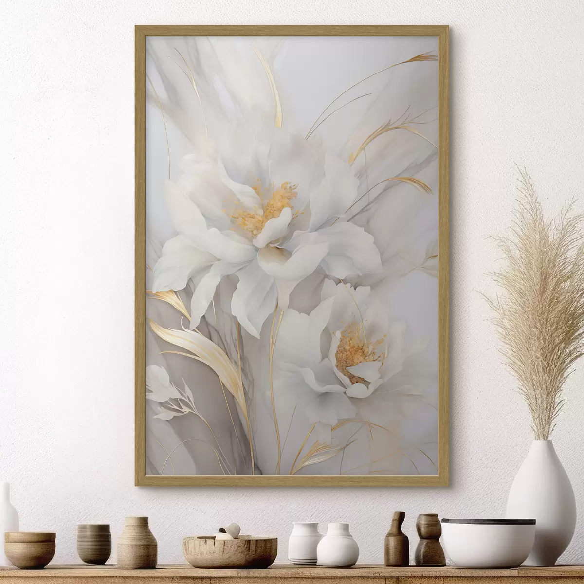 Poster Weiße Blüten mit gelben Stempeln und Stielen, zarte Blütenblätter, elegante Komposition, neutraler Hintergrund f46293