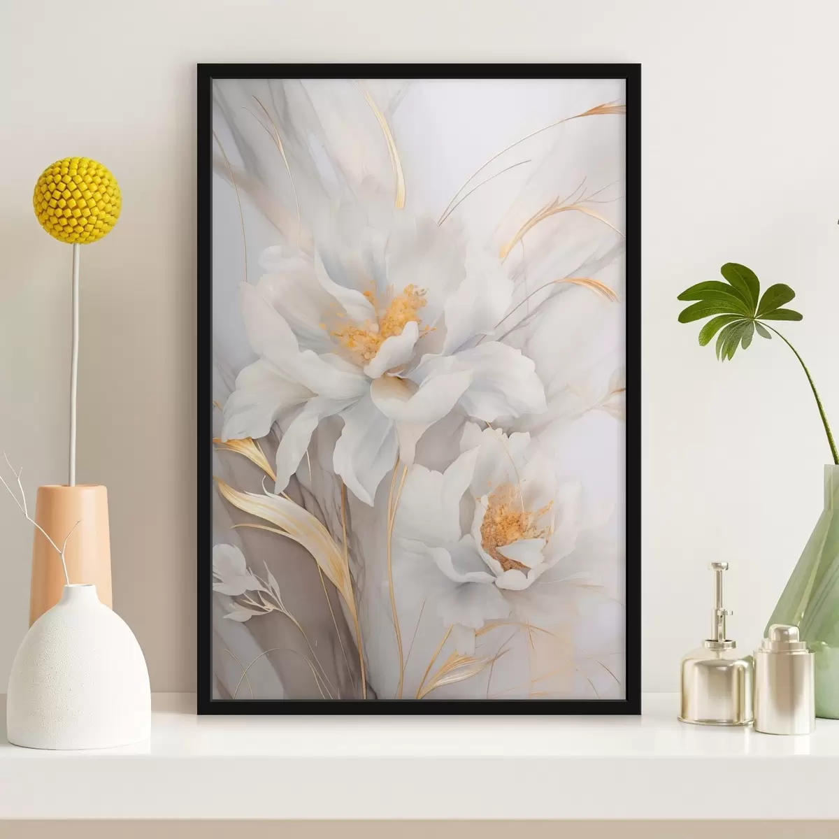 Poster Weiße Blüten mit gelben Stempeln und Stielen, zarte Blütenblätter, elegante Komposition, neutraler Hintergrund f46293