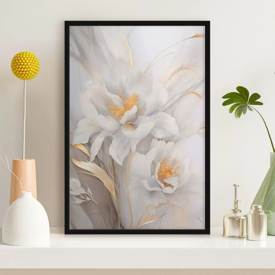 Fototapete Weiße Blüten mit gelben Stempeln und Stielen, zarte Blütenblätter, elegante Komposition, neutraler Hintergrund f46293