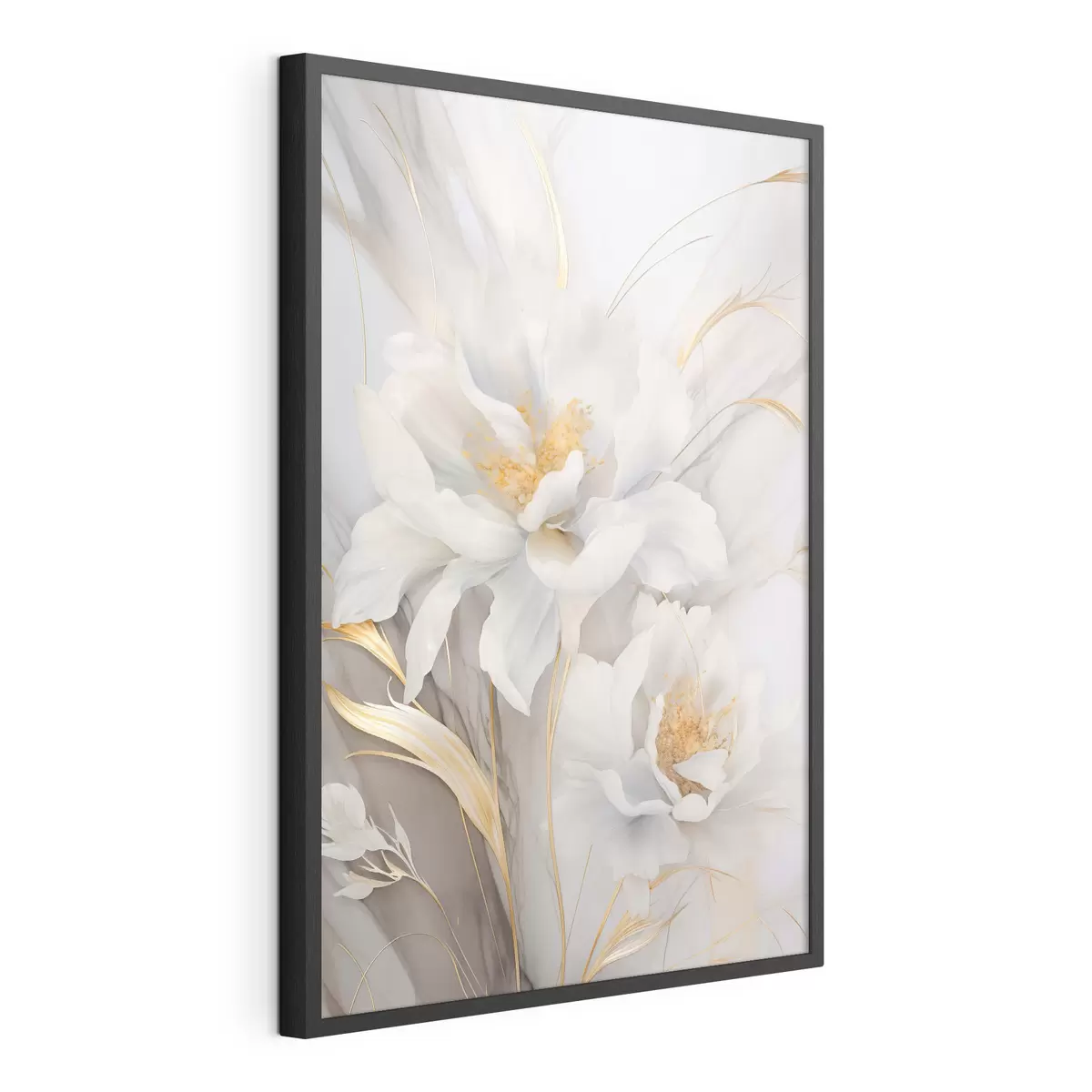 Poster Weiße Blüten mit gelben Stempeln und Stielen, zarte Blütenblätter, elegante Komposition, neutraler Hintergrund f46293