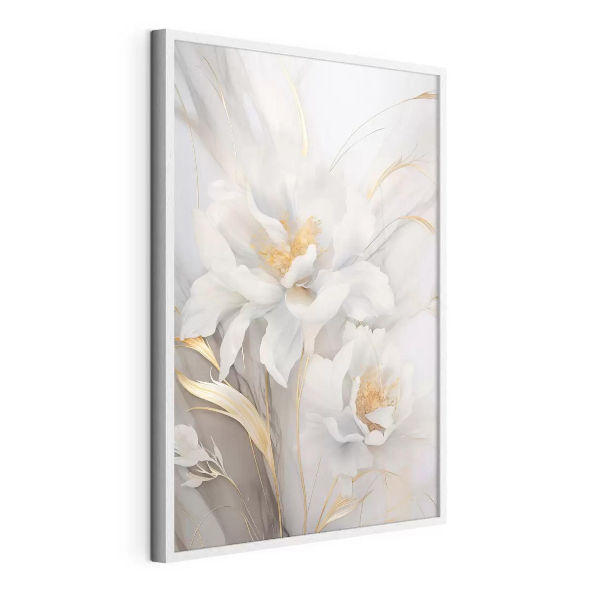 Poster Weiße Blüten mit gelben Stempeln und Stielen, zarte Blütenblätter, elegante Komposition, neutraler Hintergrund f46293