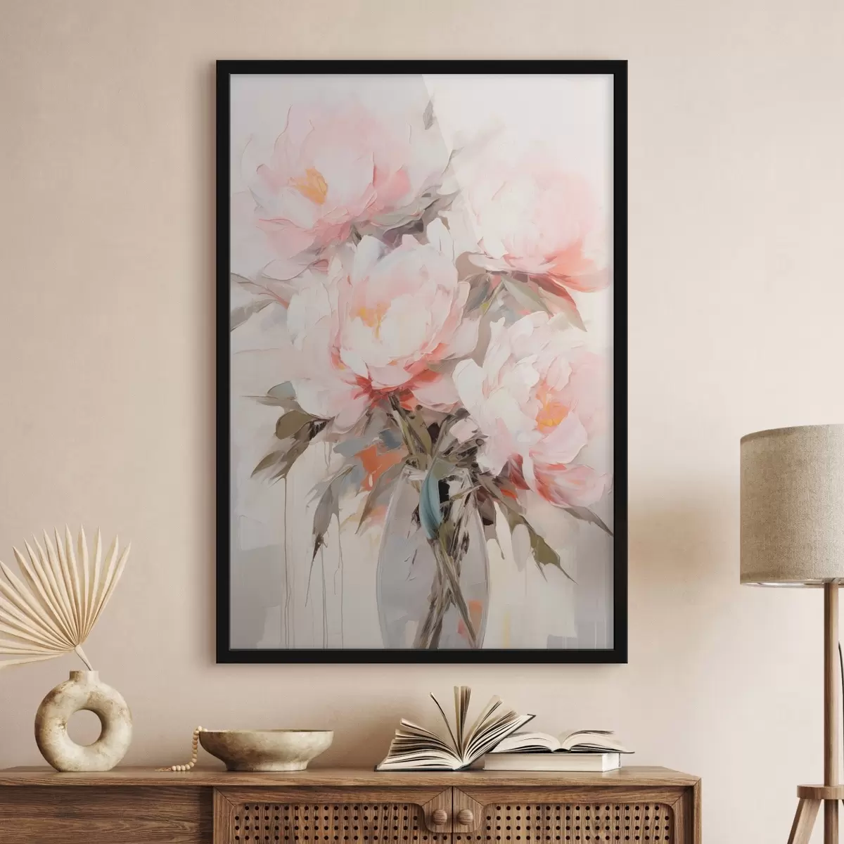 Poster Ein Strauß aus rosa und weißen Pfingstrosen in einer Glasvase, sanfte Pinselstriche, Pastellfarben, neutraler Hintergrund f46295