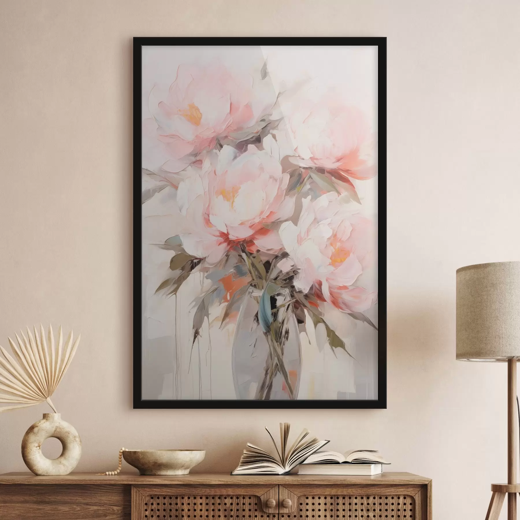 Fototapete Ein Strauß aus rosa und weißen Pfingstrosen in einer Glasvase, sanfte Pinselstriche, Pastellfarben, neutraler Hintergrund f46295