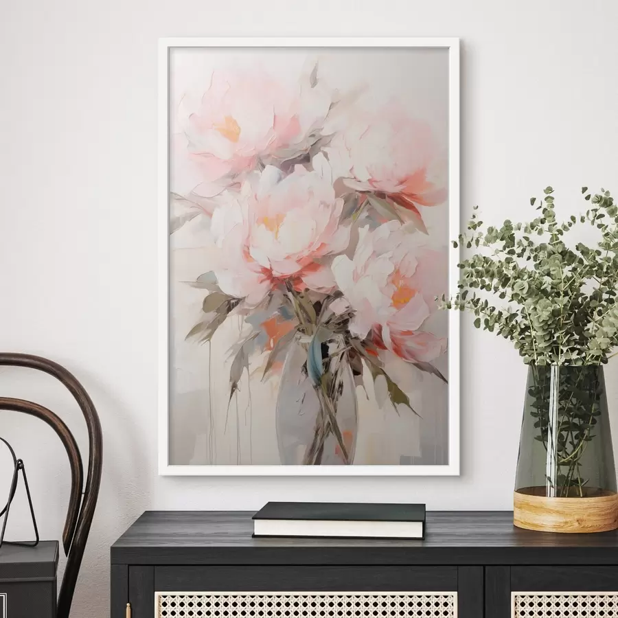 Fototapete Ein Strauß aus rosa und weißen Pfingstrosen in einer Glasvase, sanfte Pinselstriche, Pastellfarben, neutraler Hintergrund f46295