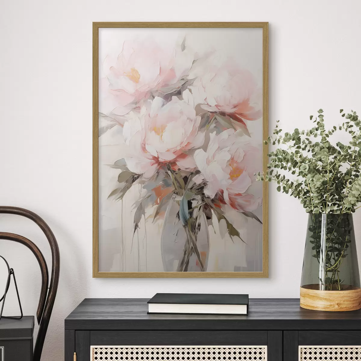 Poster Ein Strauß aus rosa und weißen Pfingstrosen in einer Glasvase, sanfte Pinselstriche, Pastellfarben, neutraler Hintergrund f46295
