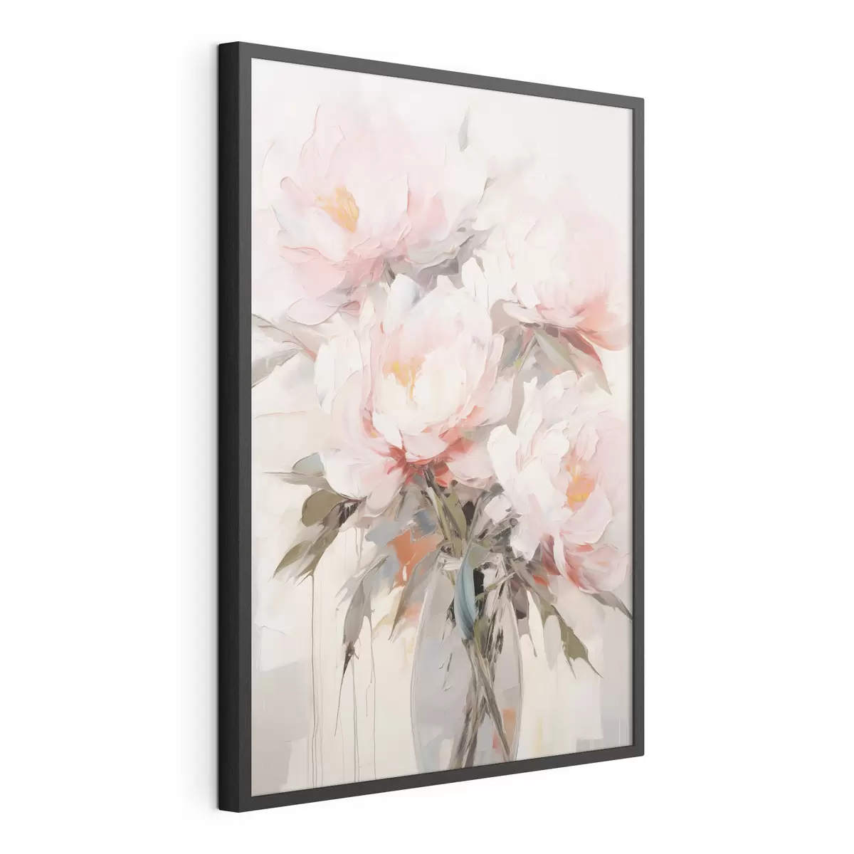 Poster Ein Strauß aus rosa und weißen Pfingstrosen in einer Glasvase, sanfte Pinselstriche, Pastellfarben, neutraler Hintergrund f46295