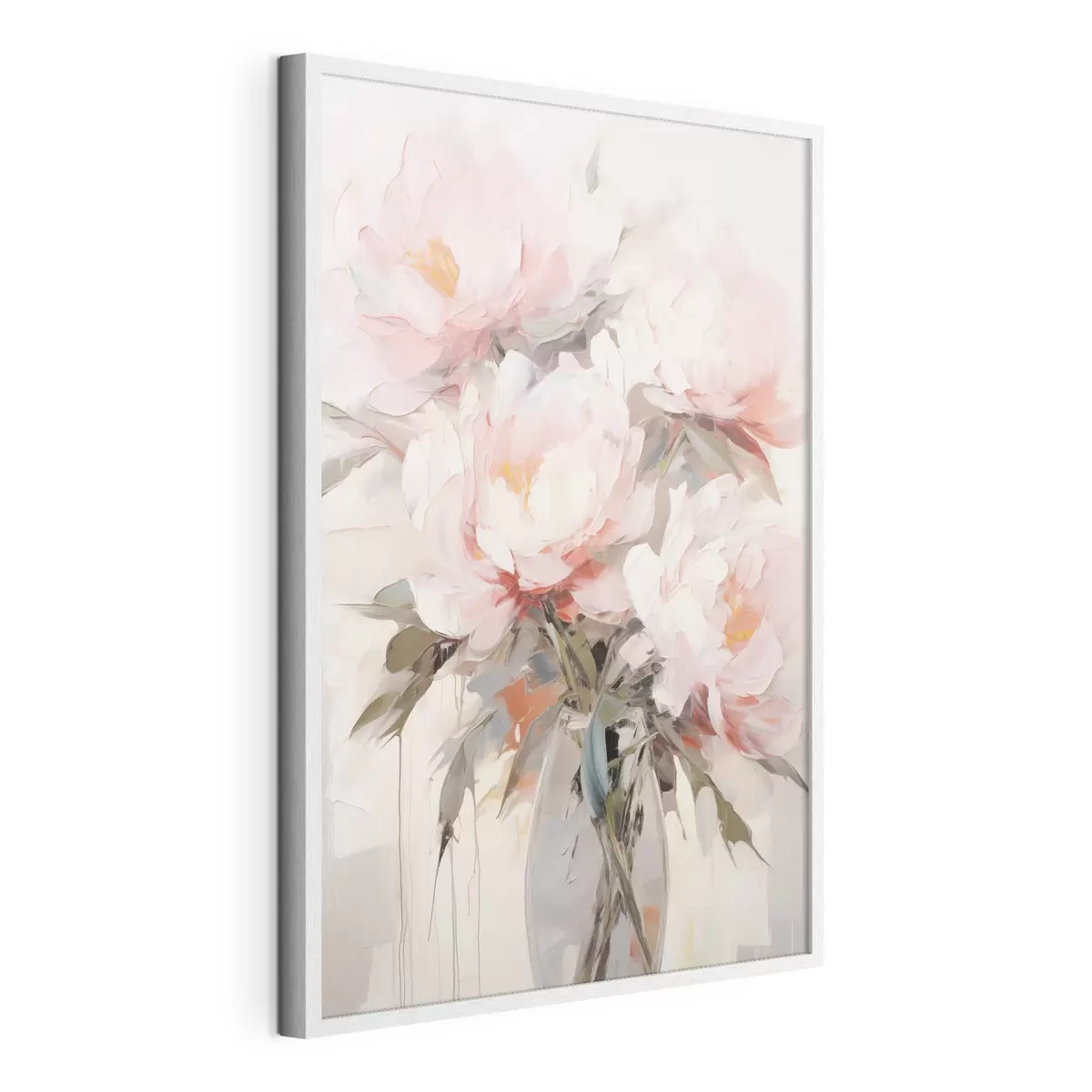 Poster Ein Strauß aus rosa und weißen Pfingstrosen in einer Glasvase, sanfte Pinselstriche, Pastellfarben, neutraler Hintergrund f46295
