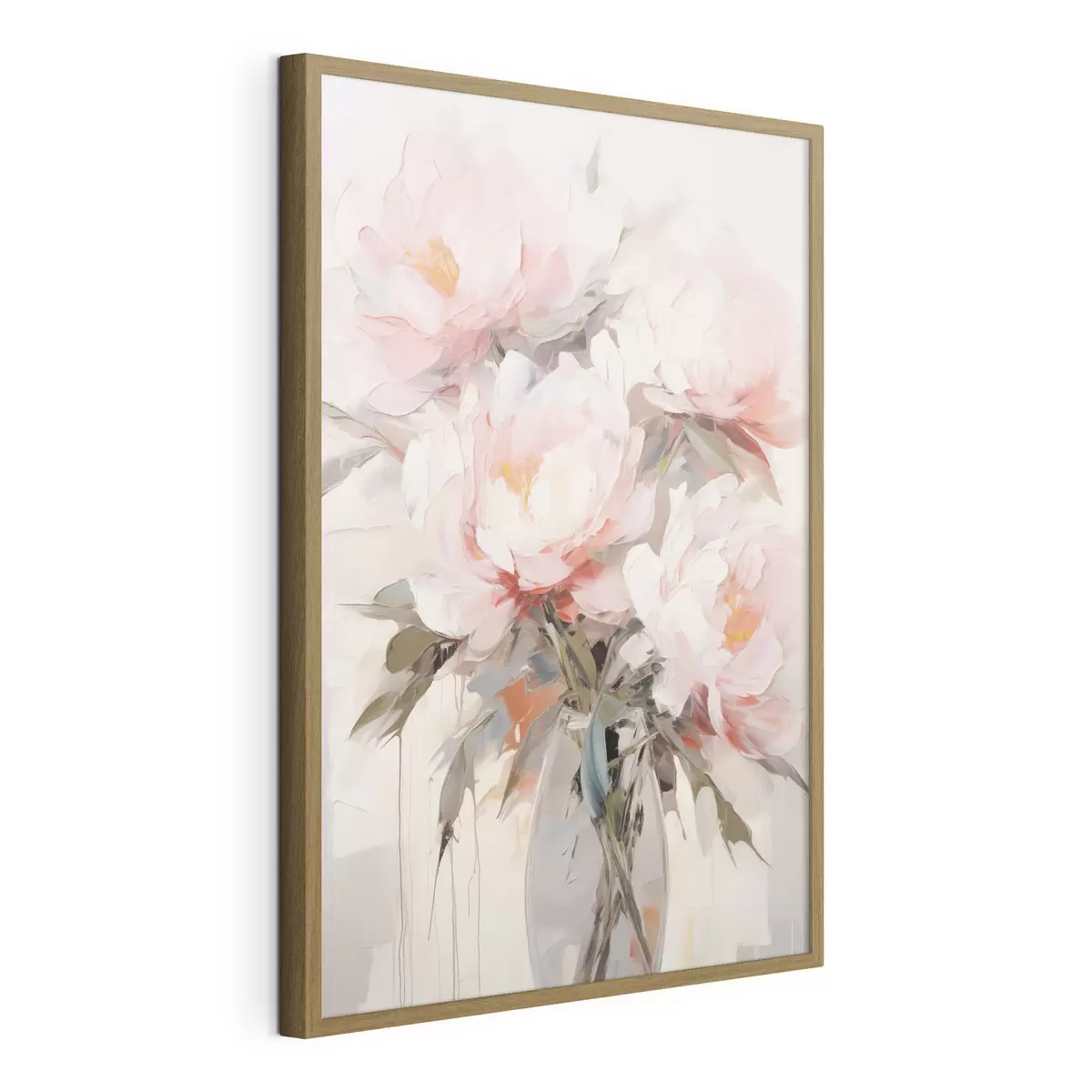 Poster Ein Strauß aus rosa und weißen Pfingstrosen in einer Glasvase, sanfte Pinselstriche, Pastellfarben, neutraler Hintergrund f46295
