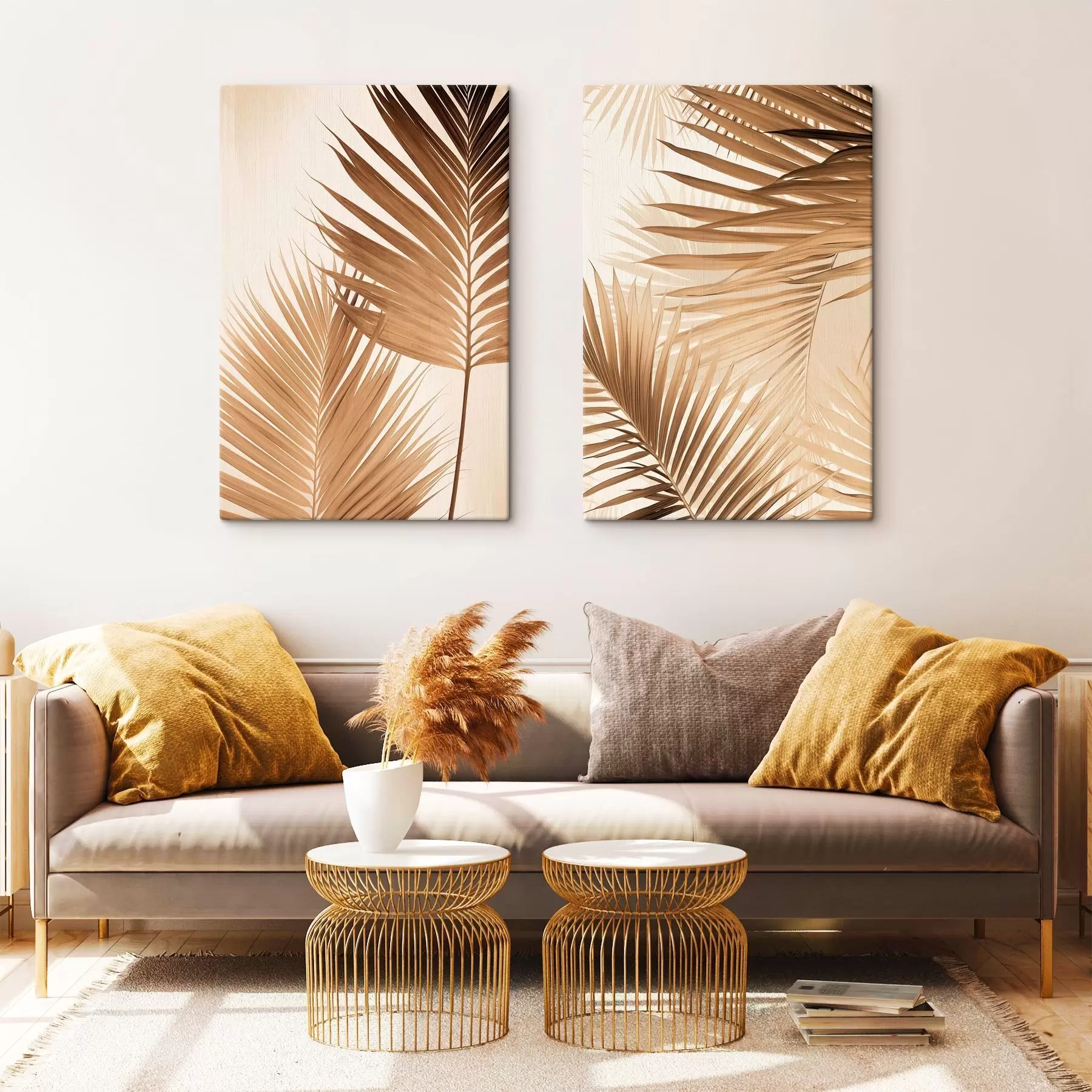 Fototapete Palmenblätter in Brauntönen, neutraler Hintergrund, minimalistischer Stil, natürliche Beleuchtung, tropisches Flair m00880