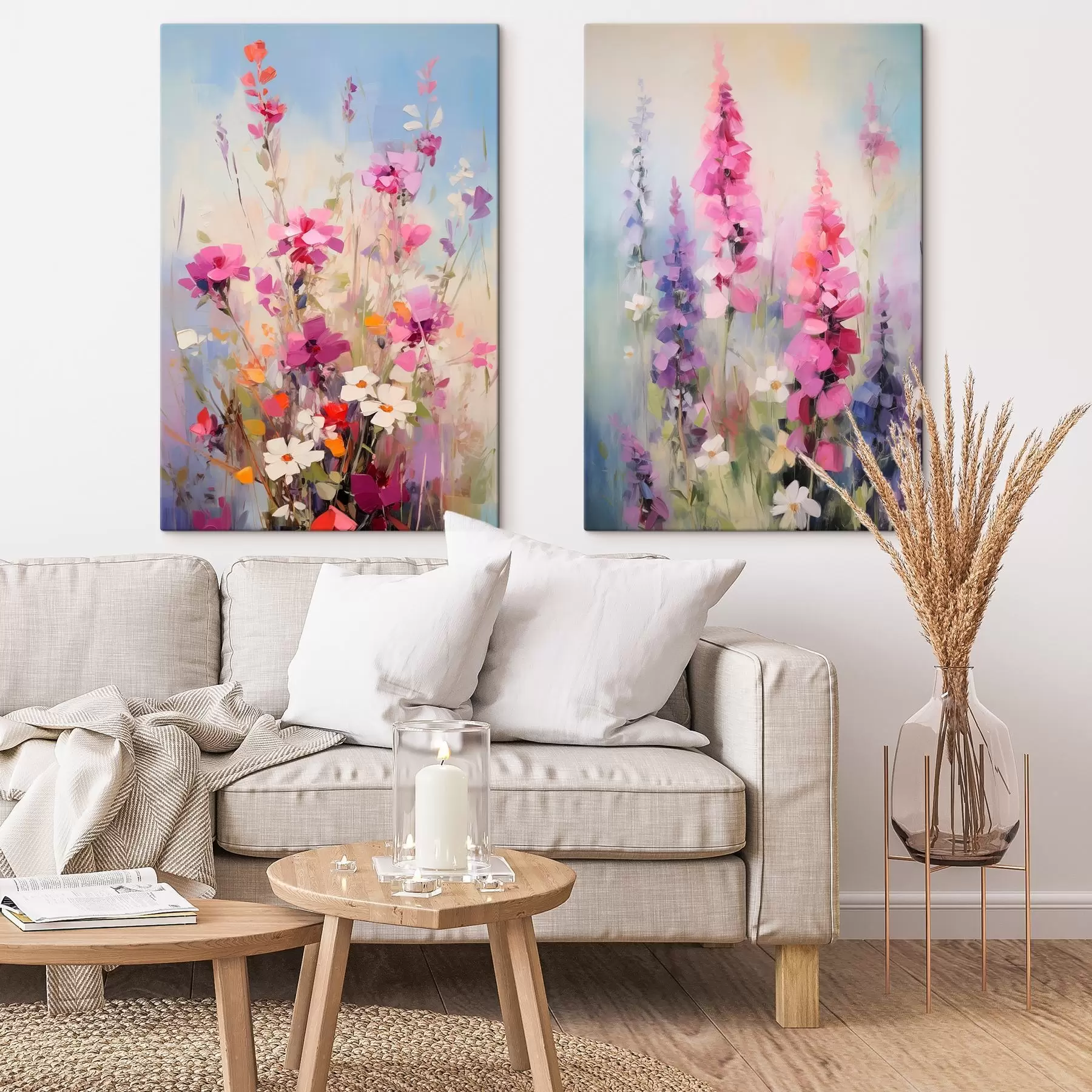 Fototapete Lebendige Blumen mit weißen Gänseblümchen auf einer Wiese, sanfte Pinselstriche, Pastellfarben, impressionistischer Stil m00882