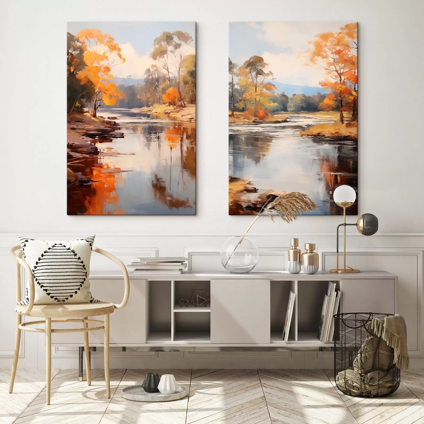 Fototapete Herbstlandschaft, Fluss mit Bäumen am Ufer, Wald im Hintergrund, Spiegelungen auf dem Wasser m00883