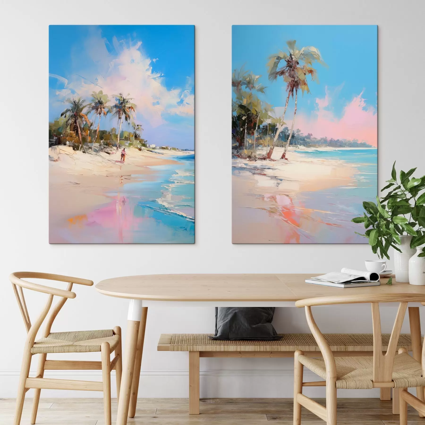 Fototapete Abstrakte Landschaft, ein Strand mit Palmen, strahlender Sonnenschein mit blauem Himmel und einigen Wolken m00885