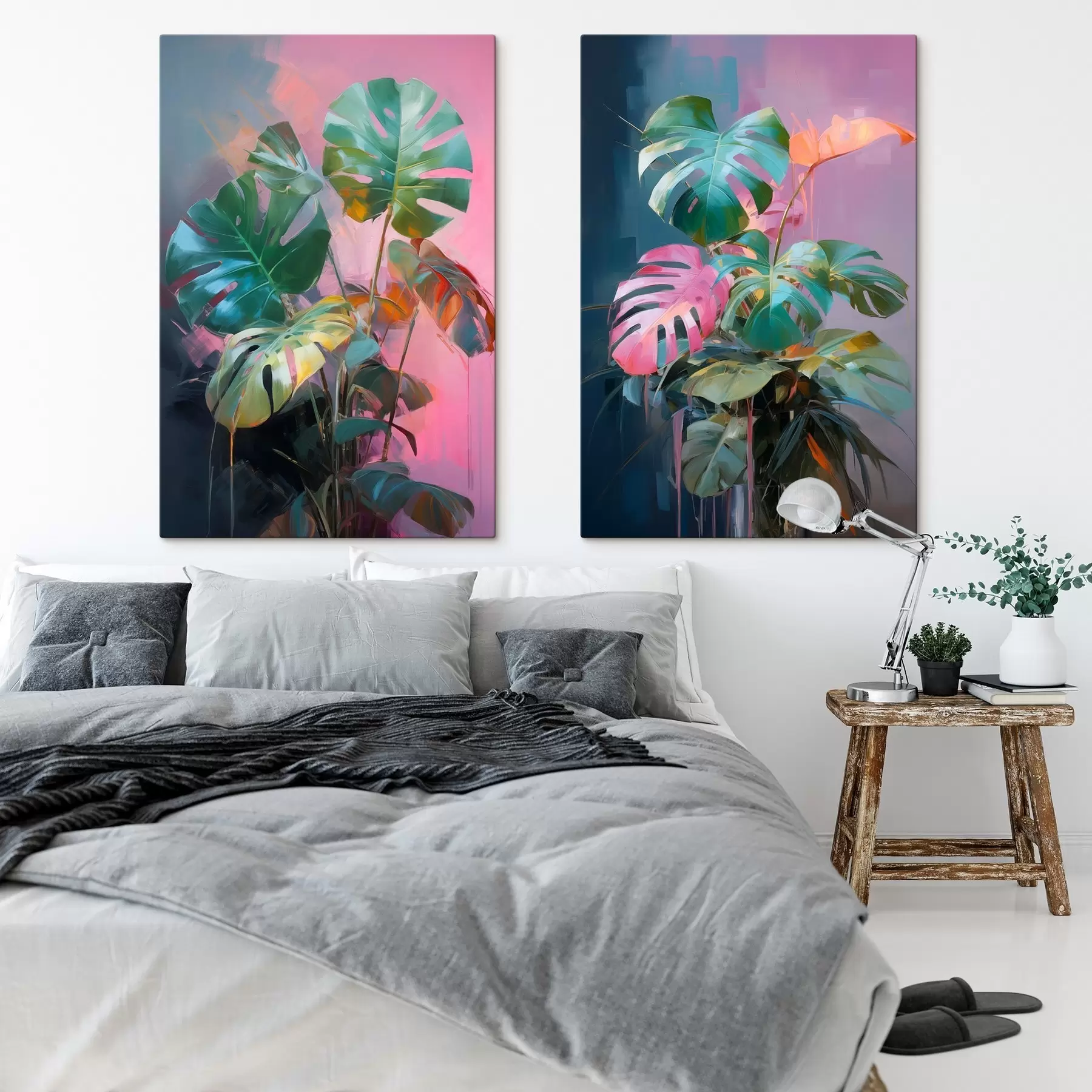 Fototapete Abstrakte Monstera-Pflanze mit leuchtend grünen Blättern vor einem Hintergrund aus zarten Rosa- und Violetttönen m00886